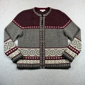 Vintage Susan Bristol Wool Nordic Fair Isle Cardigan Sweater Women L Burgundy